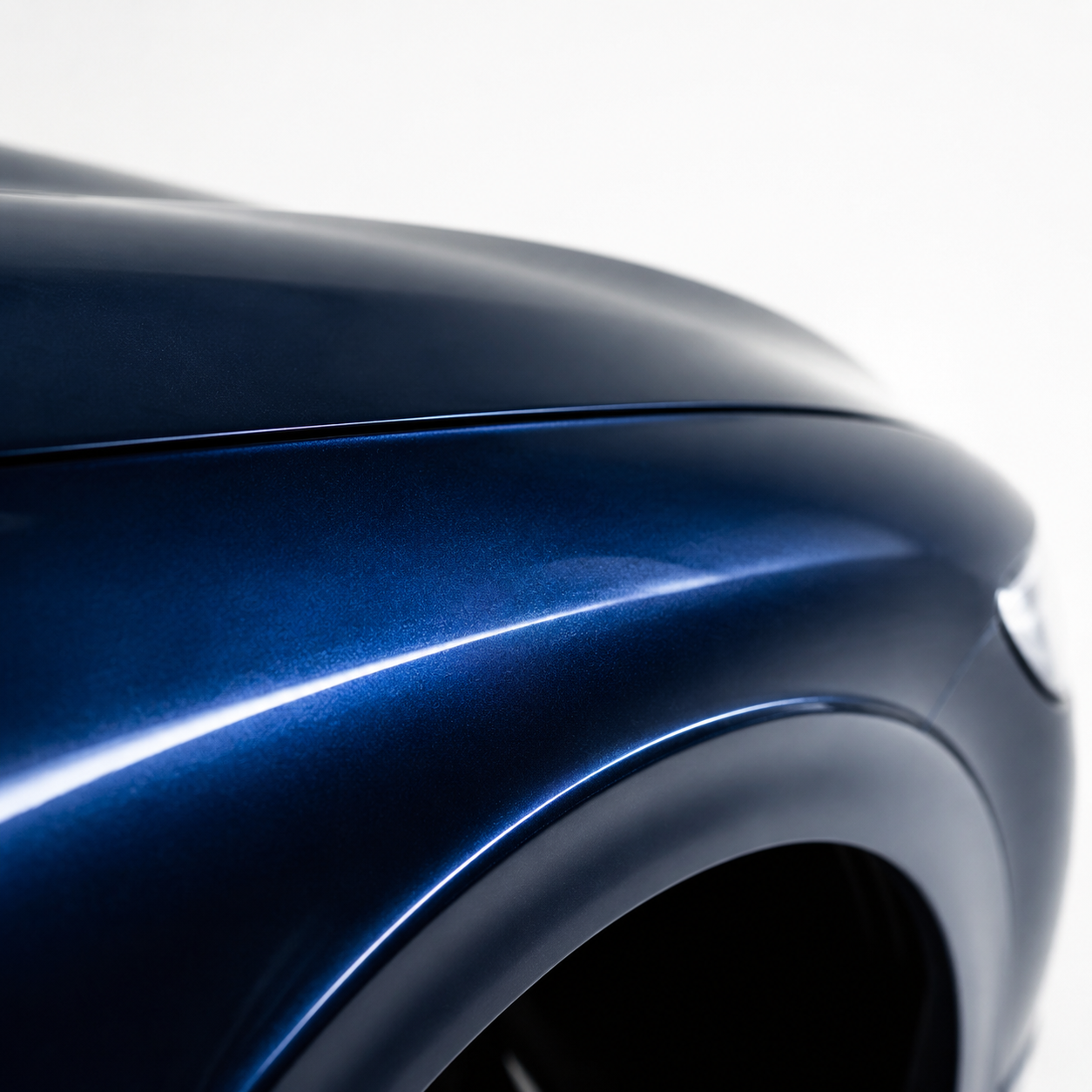 Macro of a freshly painted, polished car body curve catching the overhead shop light